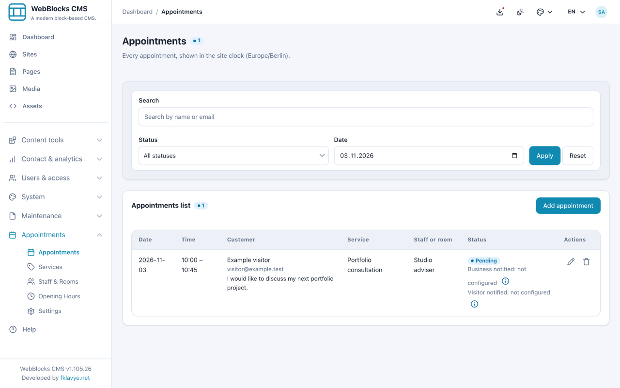 Date-filtered appointment list showing the Pending visitor request and both notification results as not configured