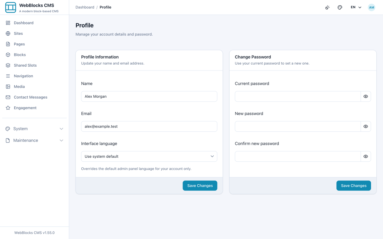 Profile screen showing name, email, interface language, and the password section.