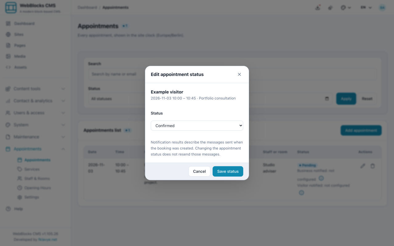 Edit appointment status dialog selecting Confirmed for the example visitor