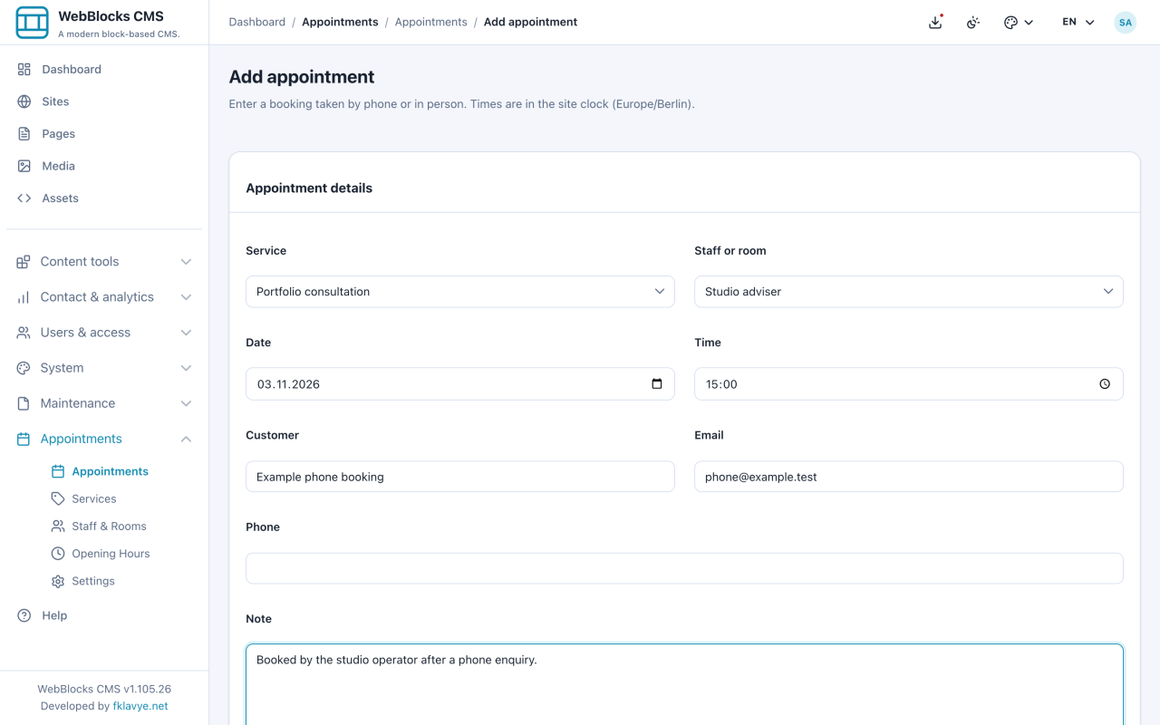 Operator Add appointment form for a separate 15:00 telephone booking