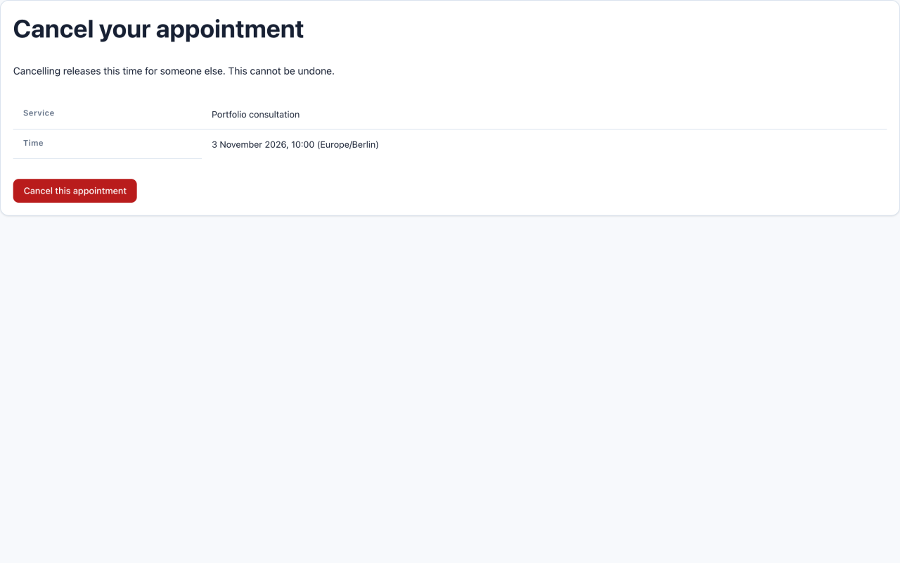 Visitor cancellation confirmation showing the service, time and Cancel this appointment button