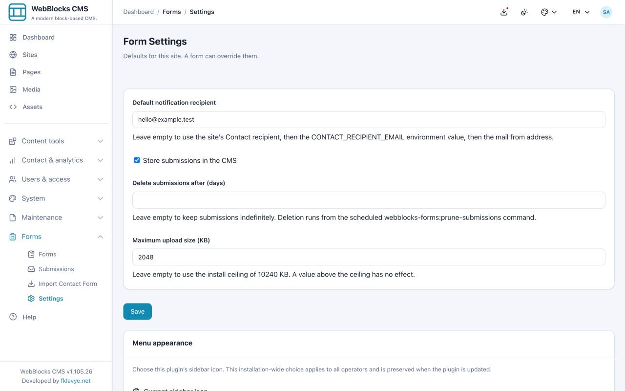 Form Settings Northstar Studio avec destinataire fictif et limite 2048 KB