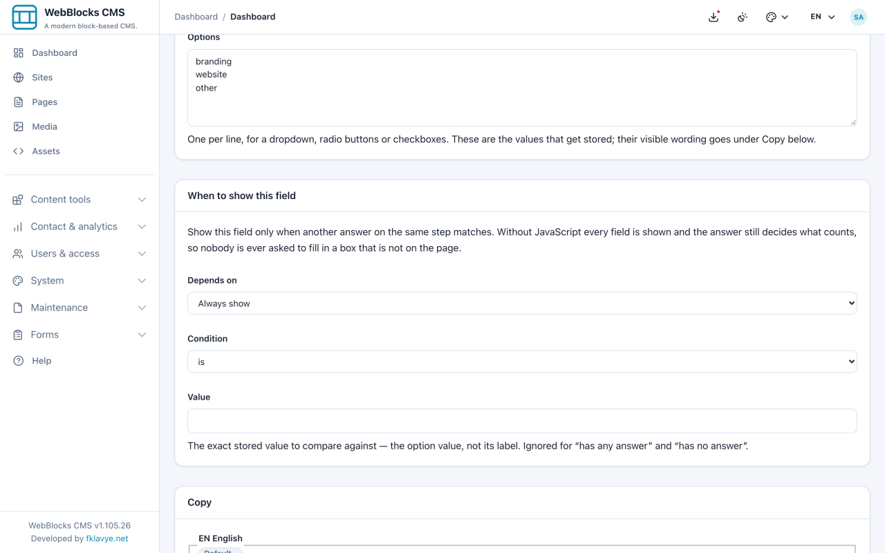 Valeurs Dropdown branding, website et other