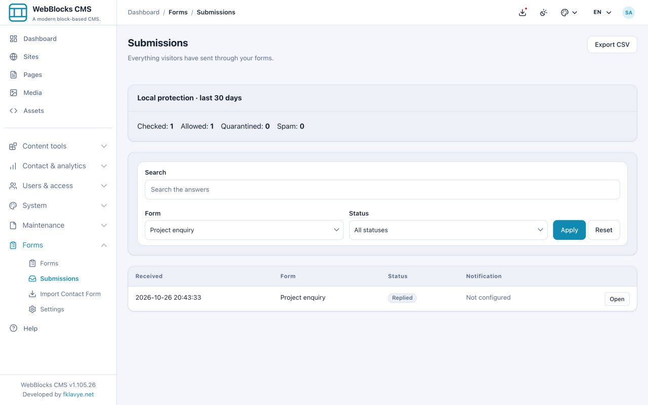 Boîte filtrée avec Export CSV et demande Replied