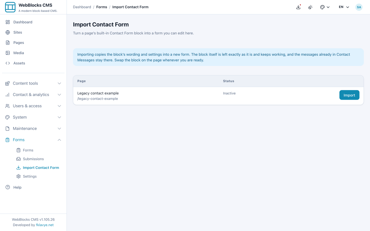 Importateur avec ancien Contact Form fictif du site