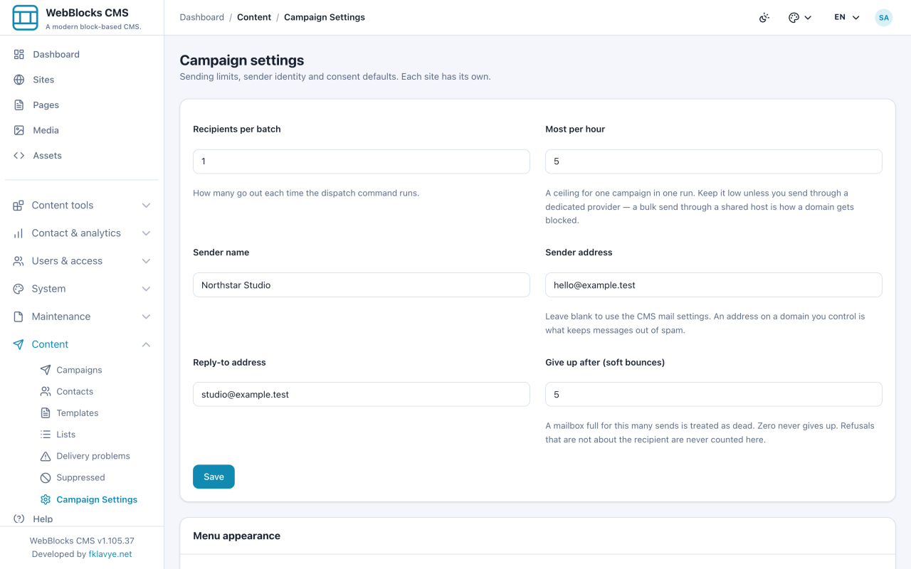 Campaigns sender settings, batch size one, limit five and soft-bounce threshold five