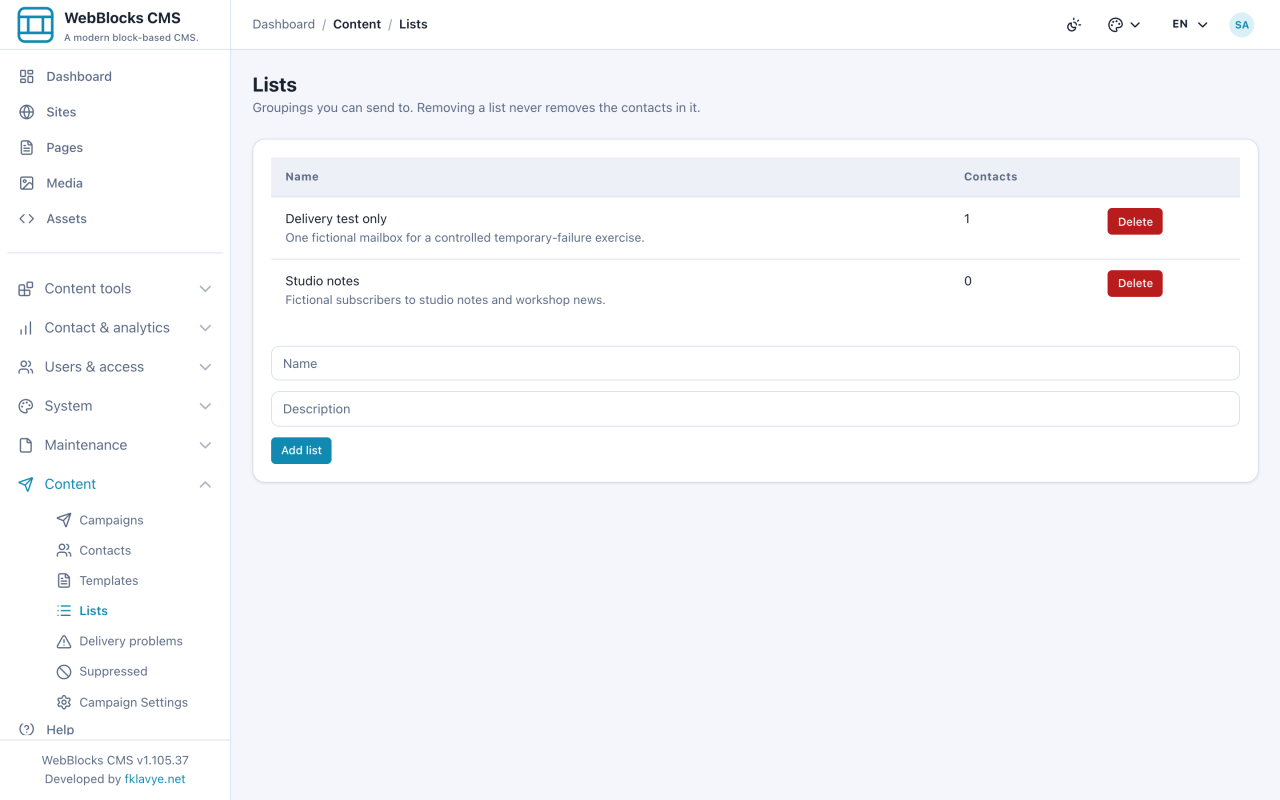 Studio notes list and a separate Delivery test only audience