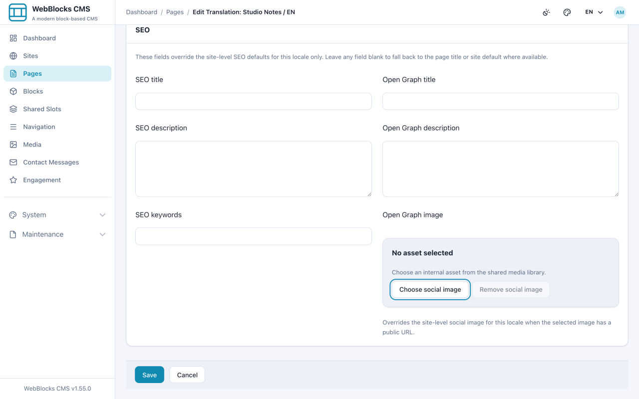 Translation editor with routing fields, list excerpt, and SEO fields.