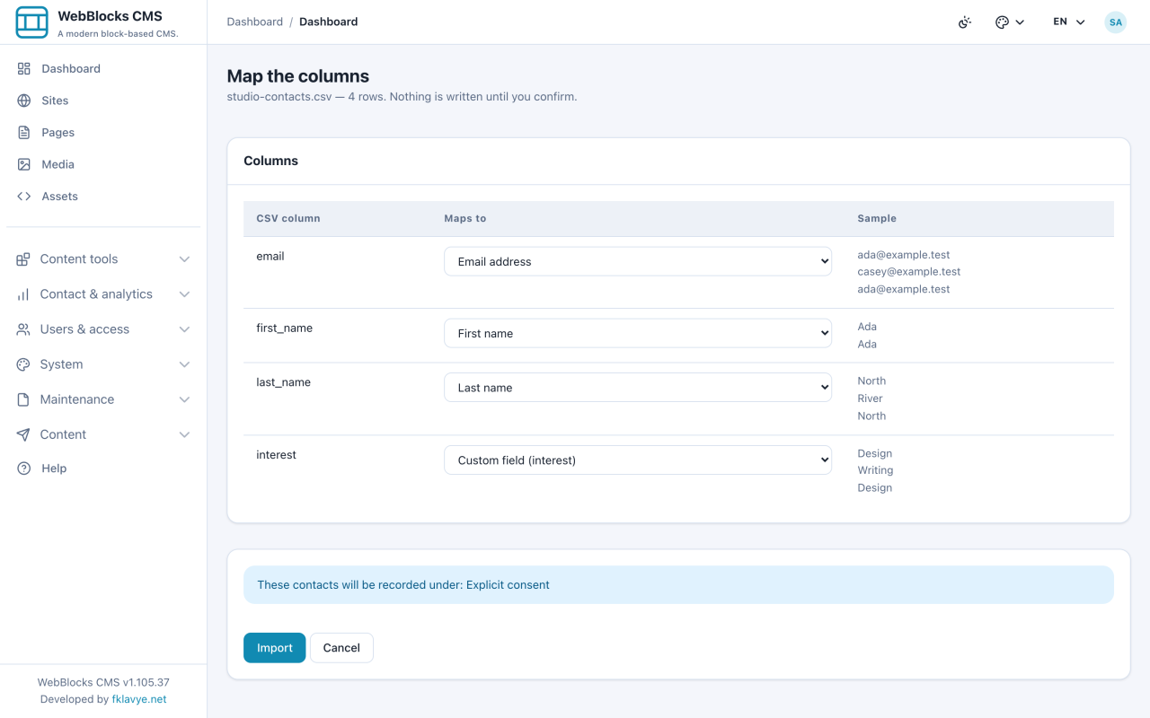 Column mapping with email, names and the custom interest field explicitly selected