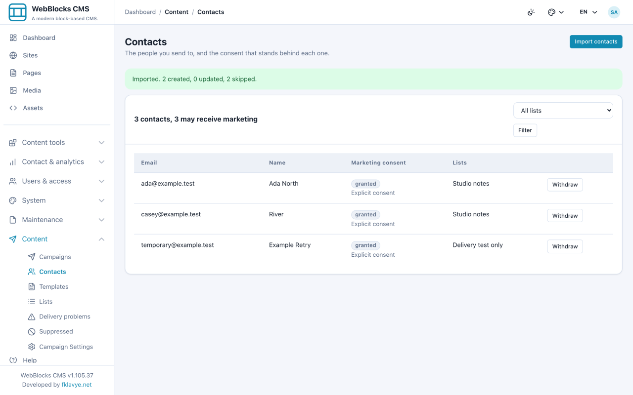Contacts after importing two valid CSV rows, with duplicate and invalid rows skipped