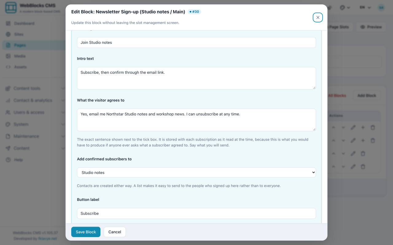 Newsletter Sign-up block settings with consent wording, destination list and optional name fields