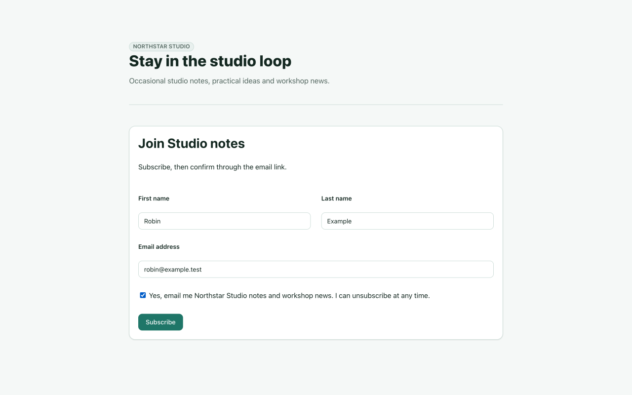 Fictional Robin Example completing the public newsletter sign-up with consent selected