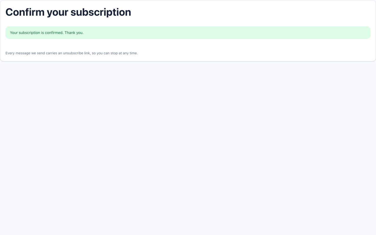 Successful newsletter subscription after confirming