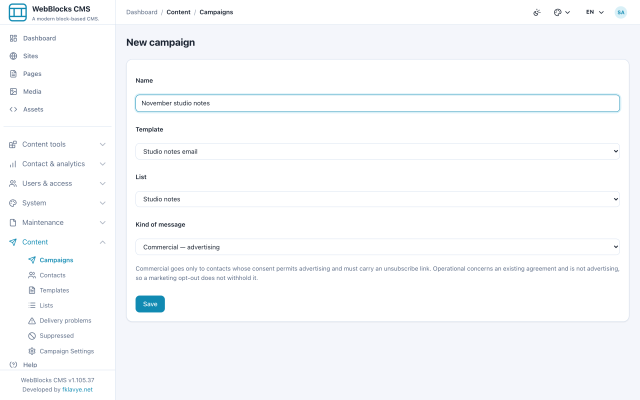 Commercial campaign draft explicitly selecting the Studio notes template and list