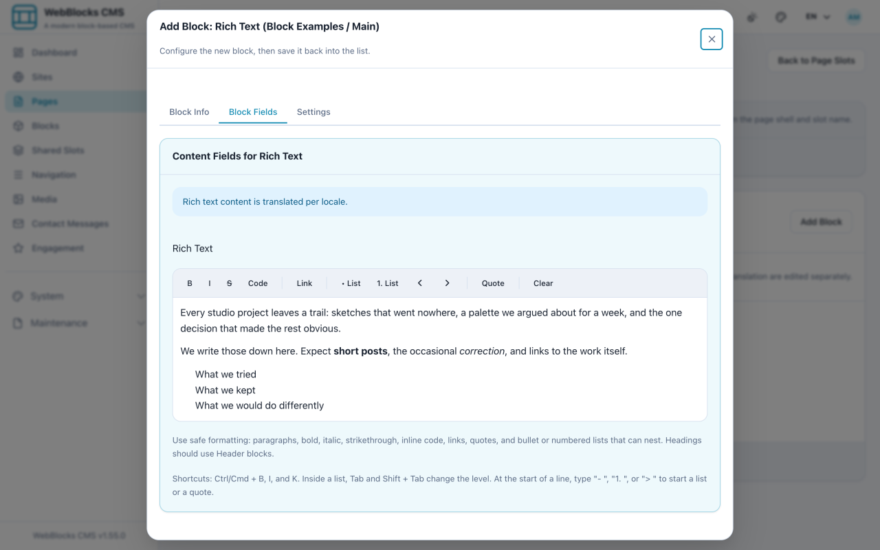 Rich Text block editor showing the formatting toolbar and a formatted paragraph with a list.