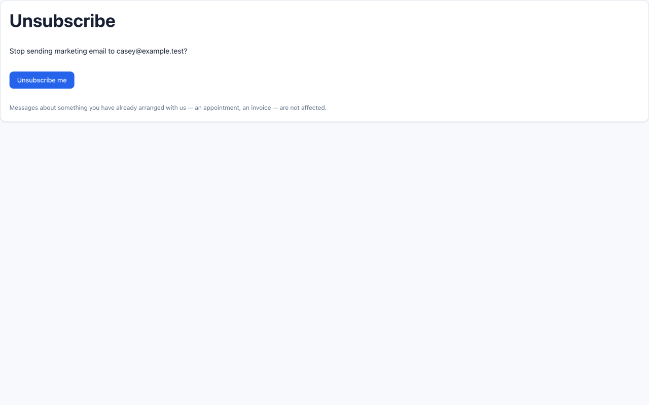 Queued Casey contact's unsubscribe page awaiting the Unsubscribe me button