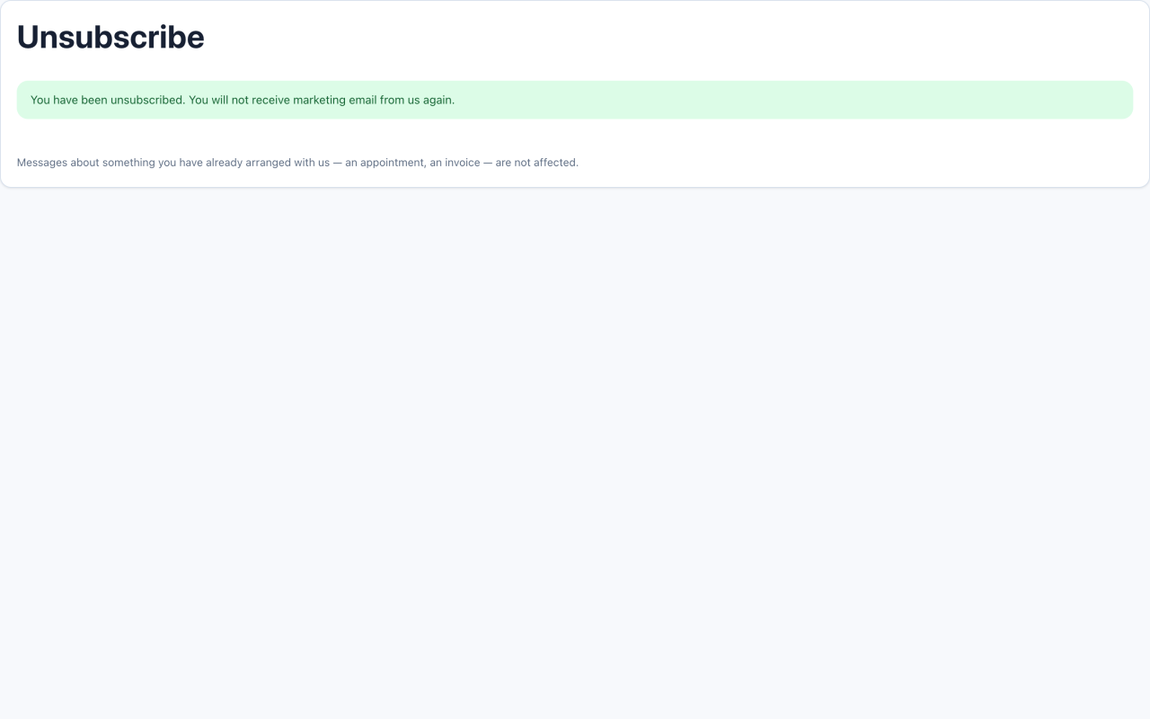 Visitor success message after confirming unsubscribe
