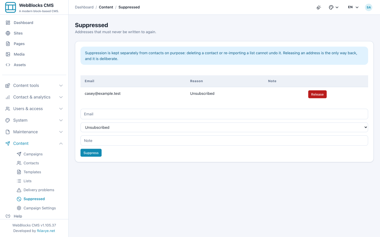 Suppression register with Casey's Unsubscribed entry