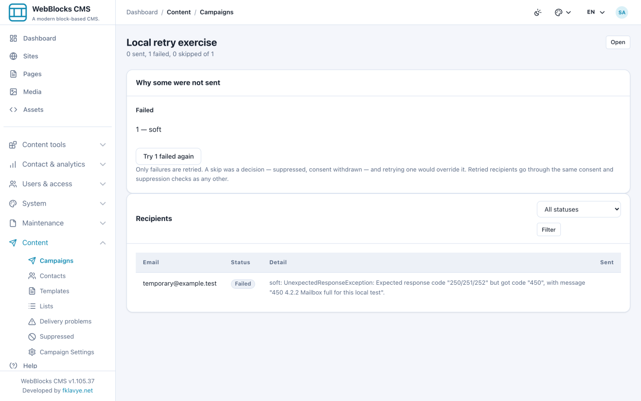 Single synthetic temporary SMTP failure with a failed-recipient retry action