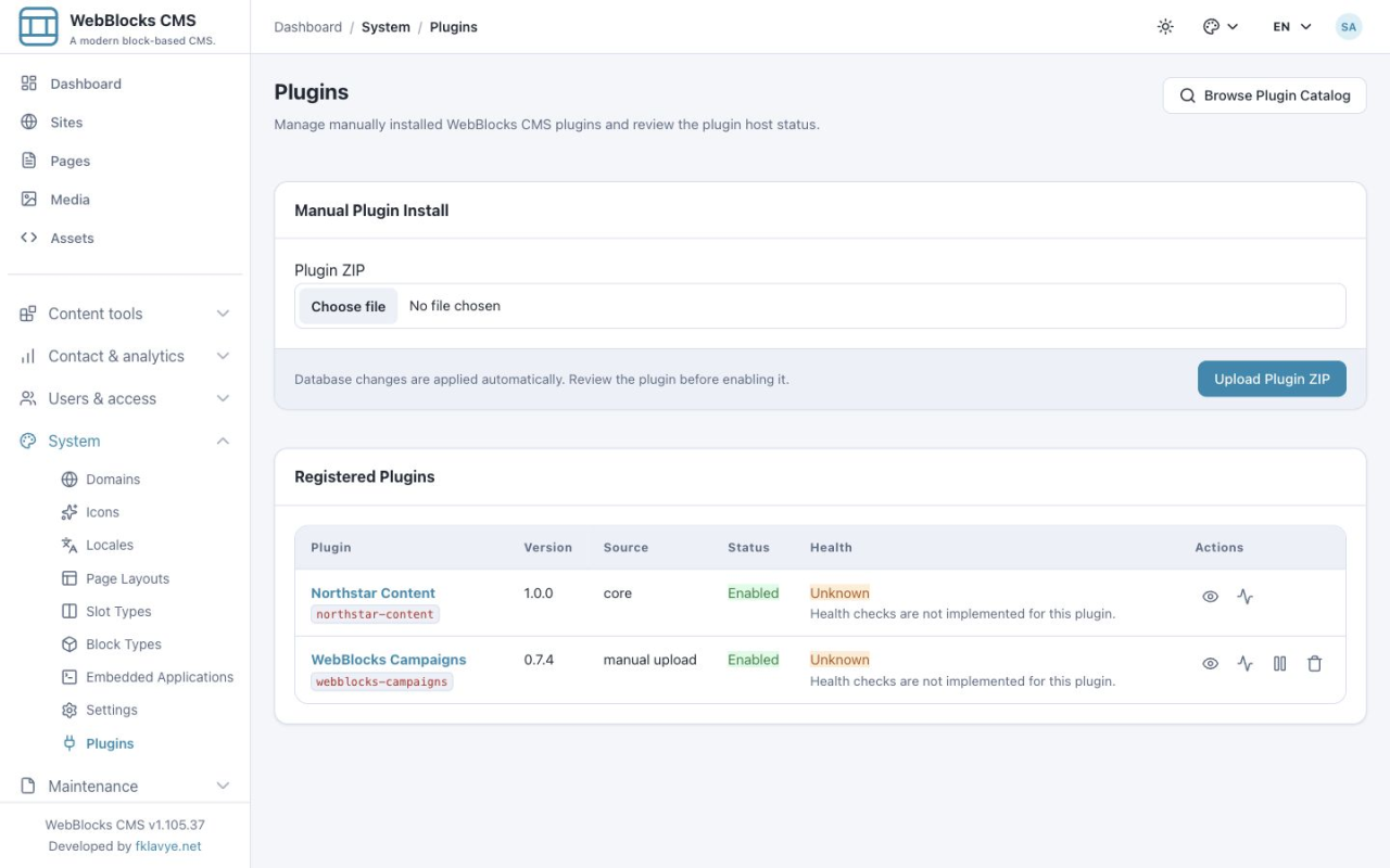 Published Campaigns 0.7.4 enabled in the Plugins panel on CMS 1.105.37