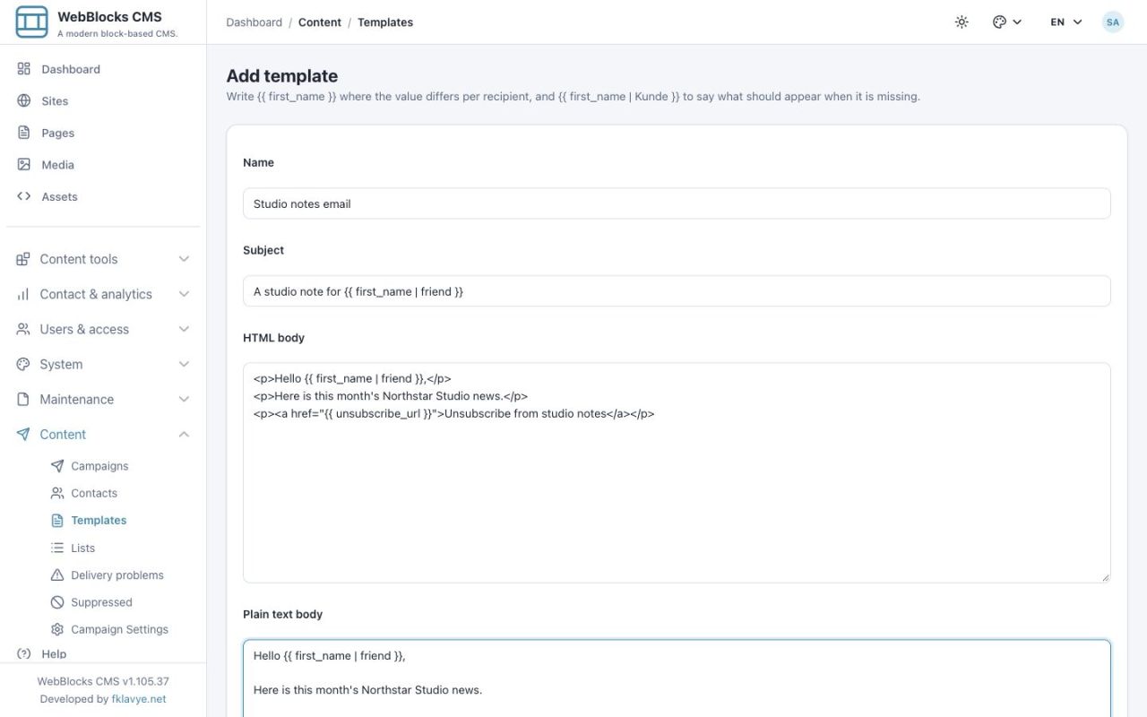Campaigns template editor with subject, HTML and separately authored plain-text body