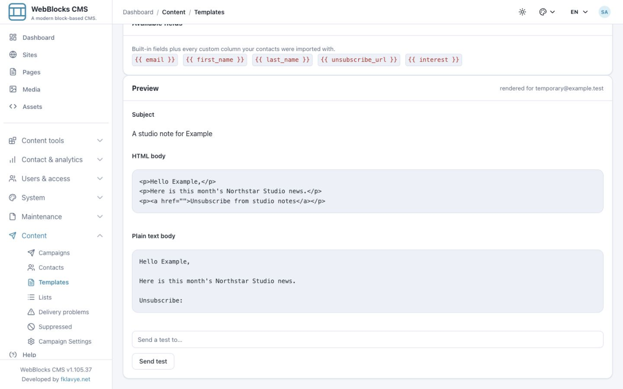 Saved template preview showing merged subject, HTML source and plain-text body