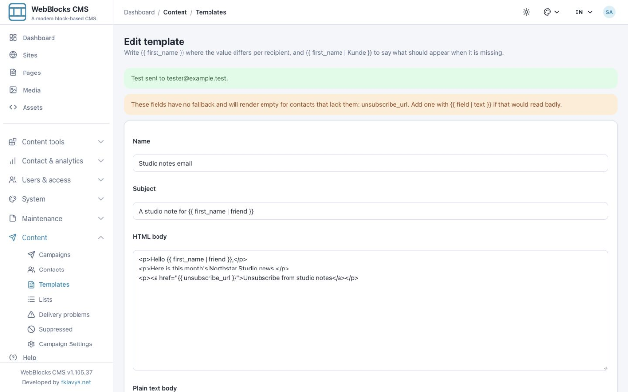 Successful test-send result in the template editor using the disposable local SMTP receiver