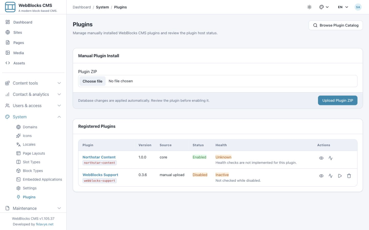 Plugins screen showing Support 0.3.6 installed but disabled and the Plugin ZIP upload controls