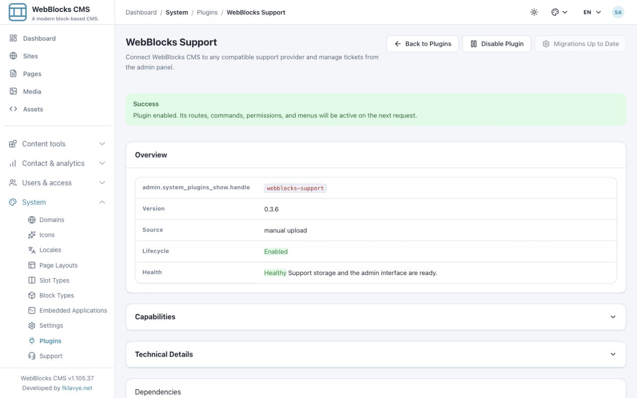 Support plugin details showing version 0.3.6, Enabled lifecycle and Healthy storage and interface