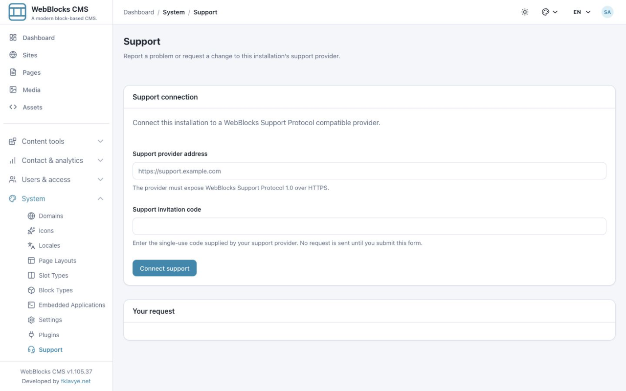 Support connection form with empty provider address and invitation code fields