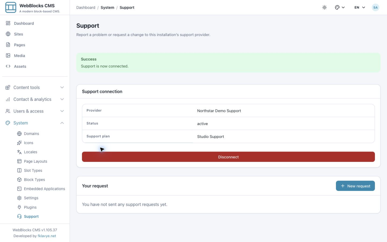 Activated connection showing Northstar Demo Support, active status and the Studio Support plan