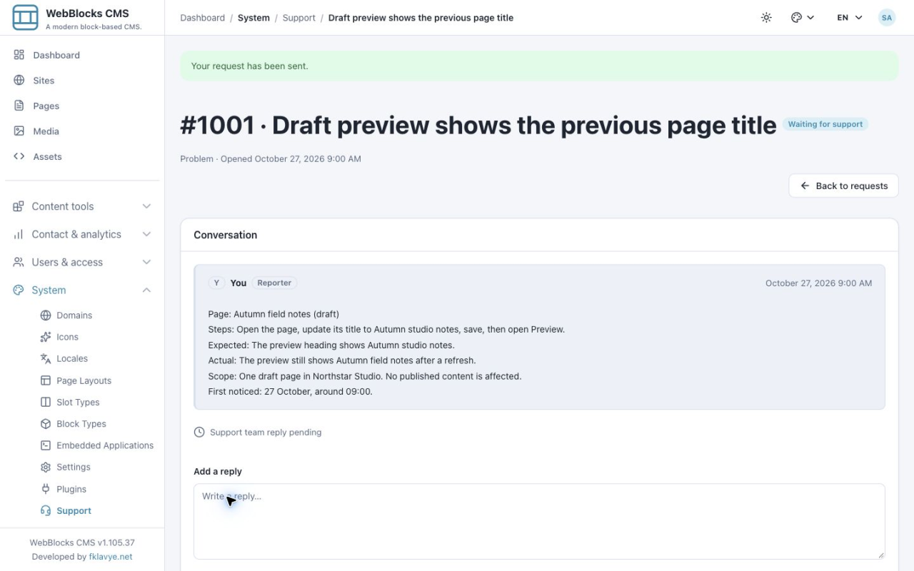 New request 1001 with a successful submission message, opening details and Waiting for support status