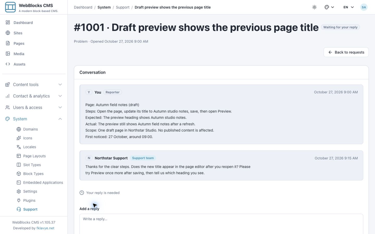 Support team follow-up asking whether the new title is saved, with Waiting for your reply shown on the ticket