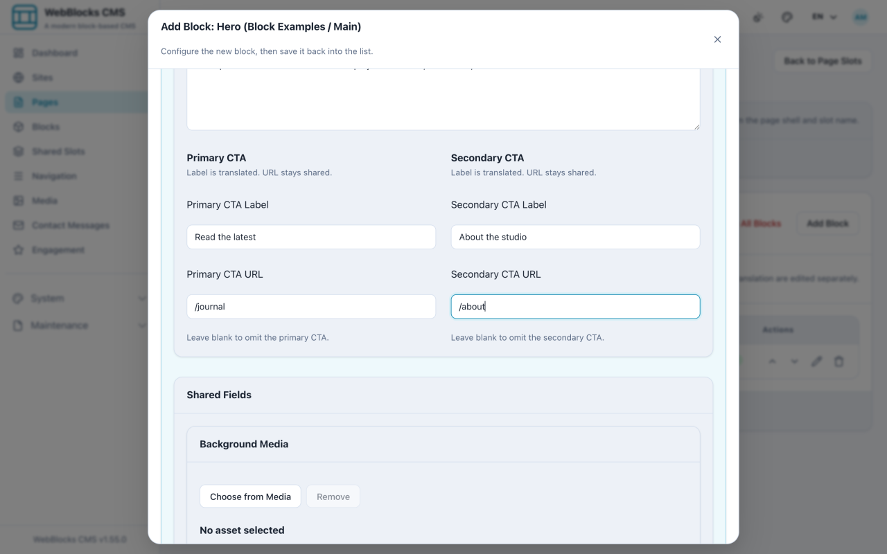 Hero block form showing eyebrow, title, intro, CTA fields, variant, and layout.