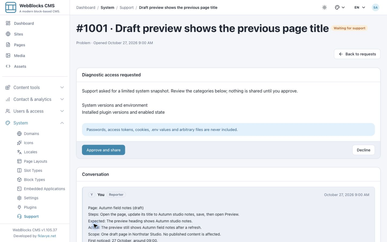 Diagnostic consent card requesting system versions and installed plugin state, with Approve and share and Decline actions