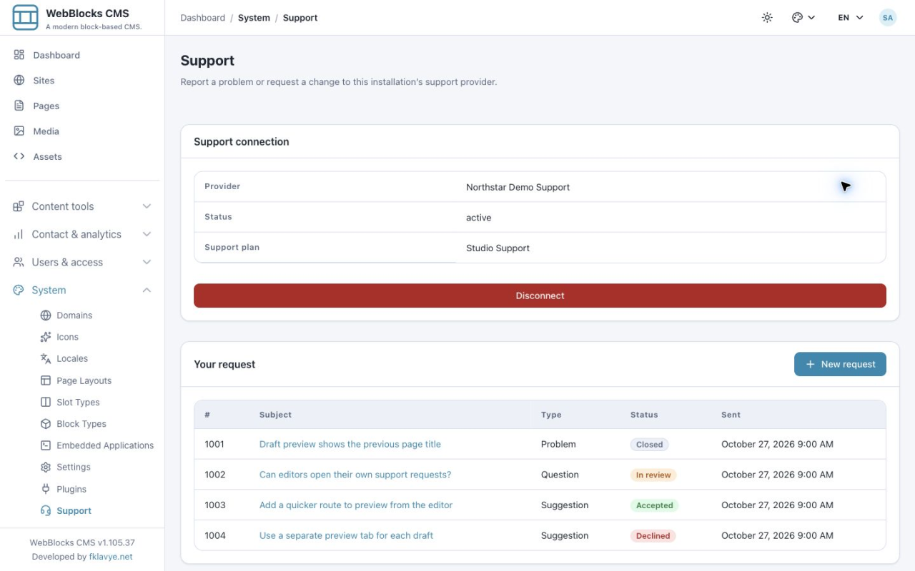 Personal request list with Problem, Question and Suggestion examples and Closed, In review, Accepted and Declined statuses