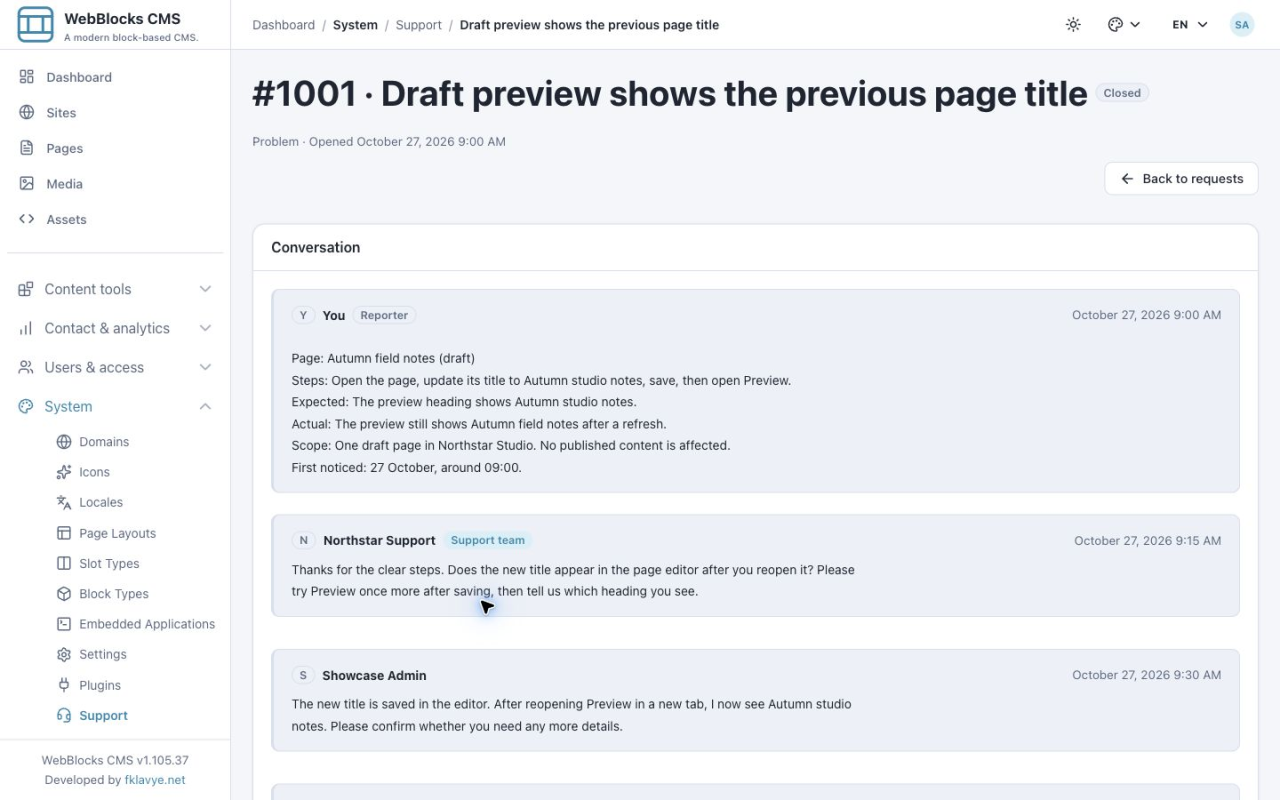 Request 1001 reopened with the Closed status and its existing conversation
