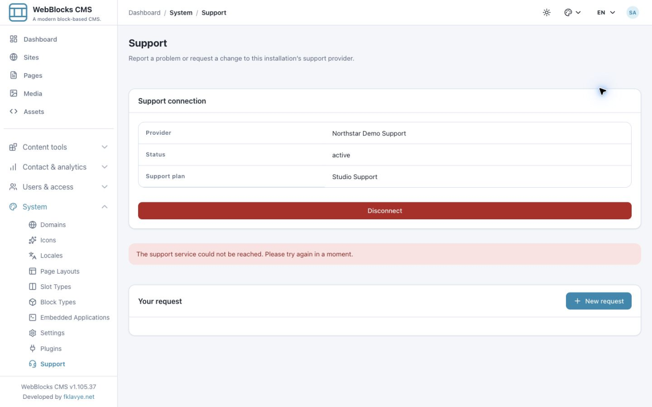 Active Support connection with a service-unavailable message and no loaded ticket rows