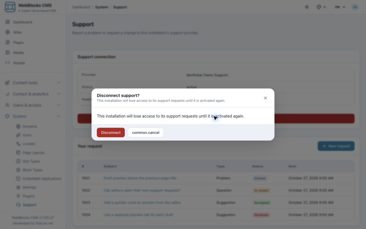 Disconnect support confirmation explaining that requests become inaccessible until the installation is activated again