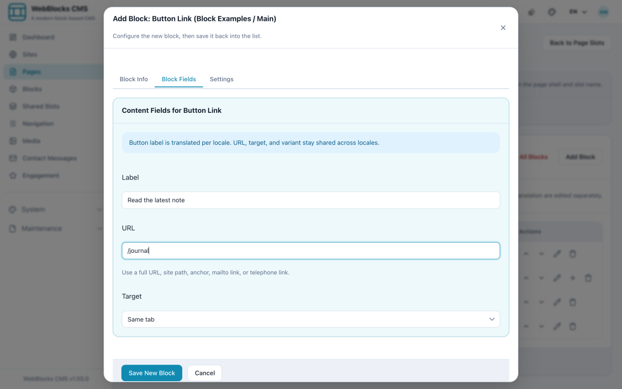 Button Link block form showing the label, URL, target, and variant fields.
