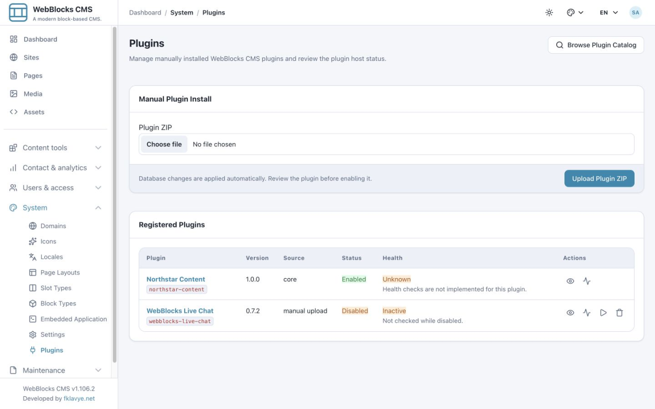 Plugins screen showing Live Chat 0.7.2 installed but disabled beside the ZIP installation form