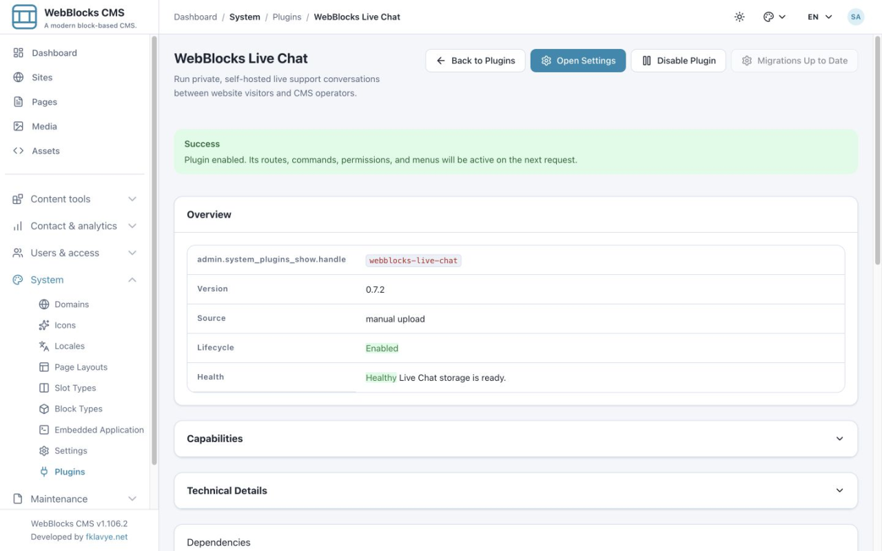 Live Chat details showing version 0.7.2, Enabled lifecycle, Healthy storage and Open Settings