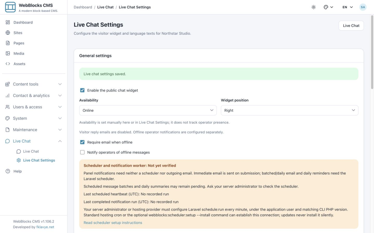 General settings with the public widget enabled, Online availability, right position and offline email requirement