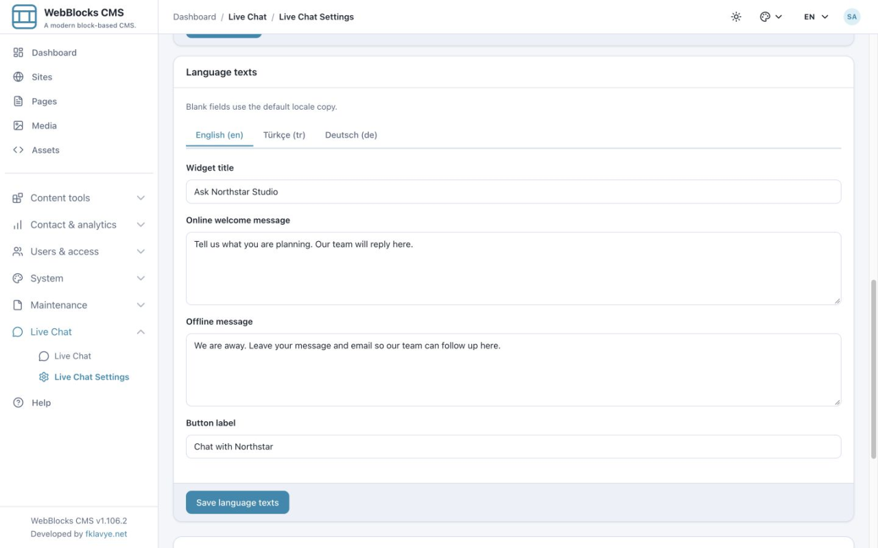 English Language texts tab with the Northstar title, online message, offline message and launcher label