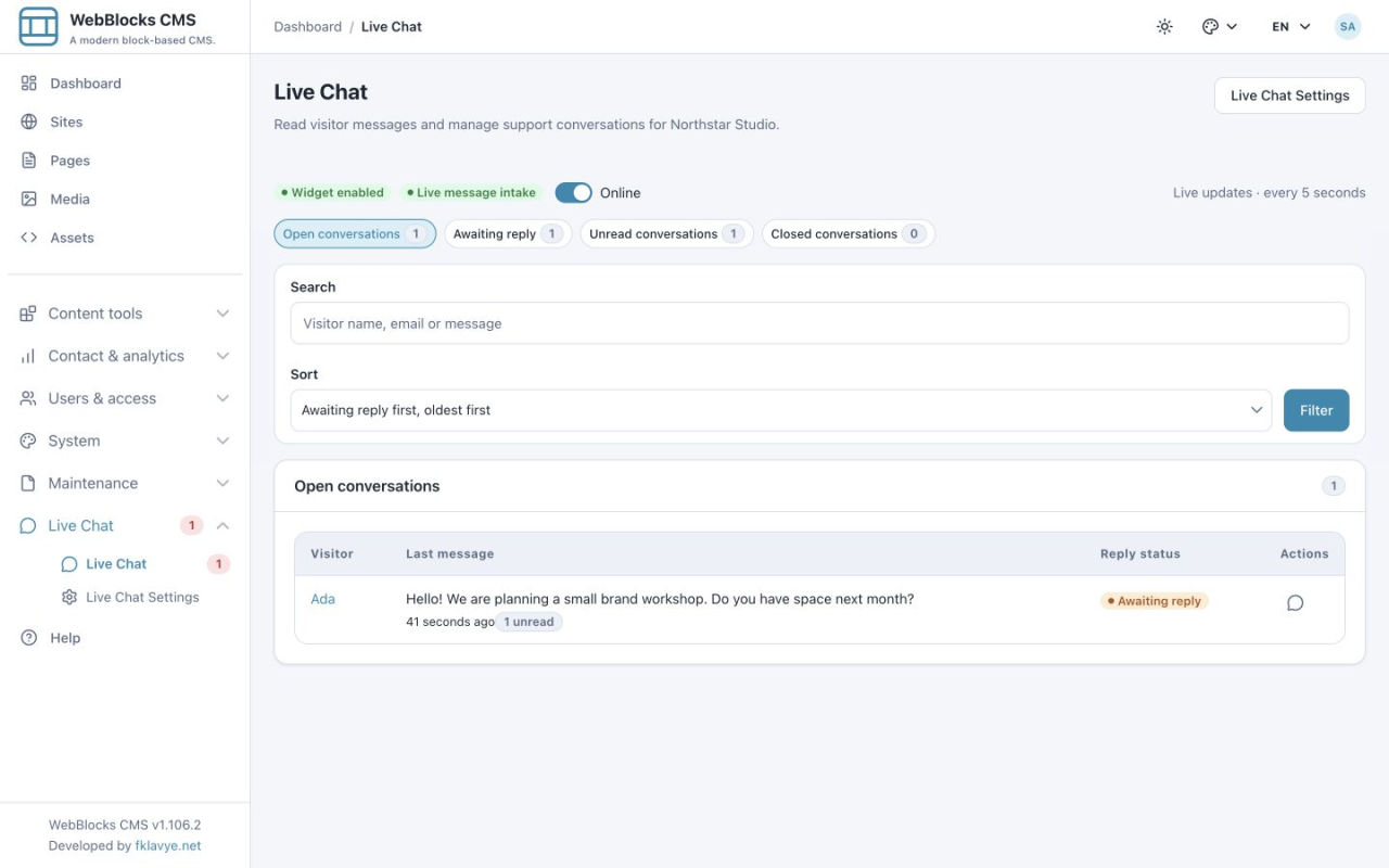 Live Chat inbox with Ada's new message, one unread conversation and one conversation awaiting reply