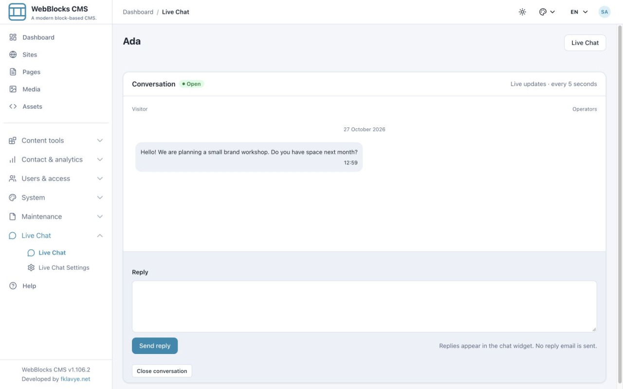 Operator conversation showing Ada's message, an empty Reply field and Close conversation action