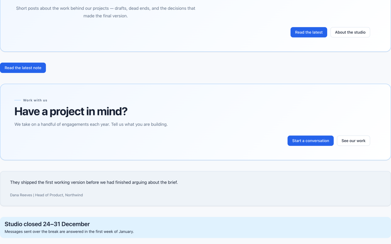 Public page showing a call-to-action panel with a heading, body copy, and two buttons.