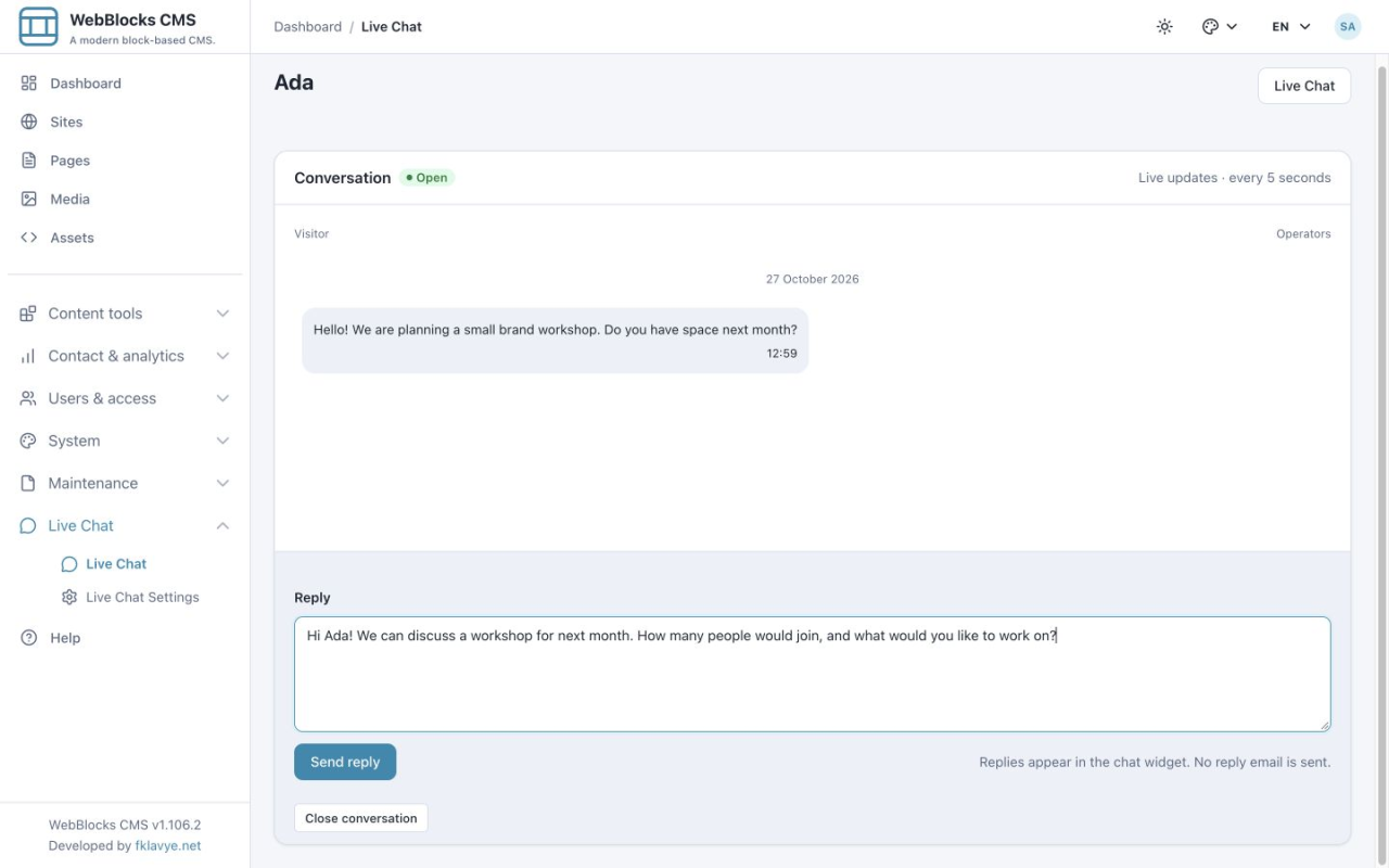 Operator Reply field filled with a question about workshop participants and goals
