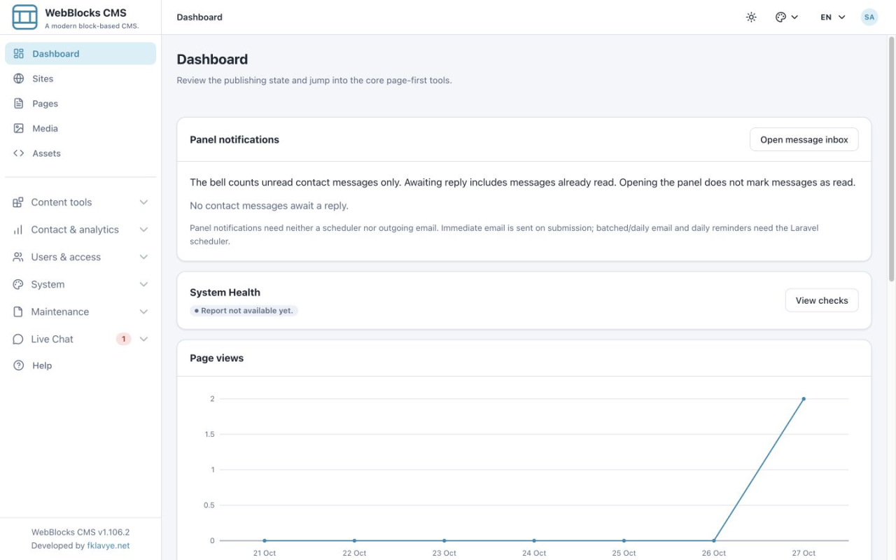CMS dashboard showing one unread Live Chat conversation on the collapsed sidebar group