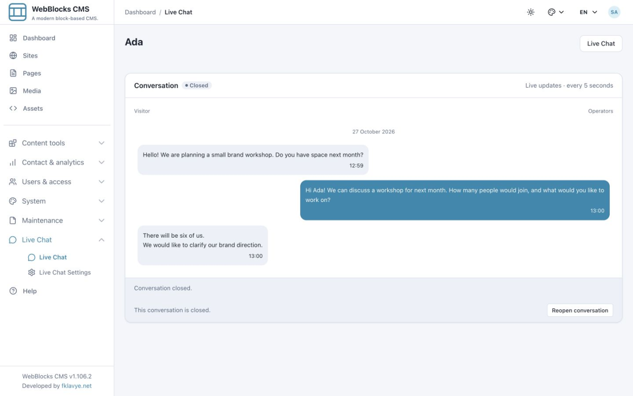 Closed operator conversation with the success message and Reopen conversation action